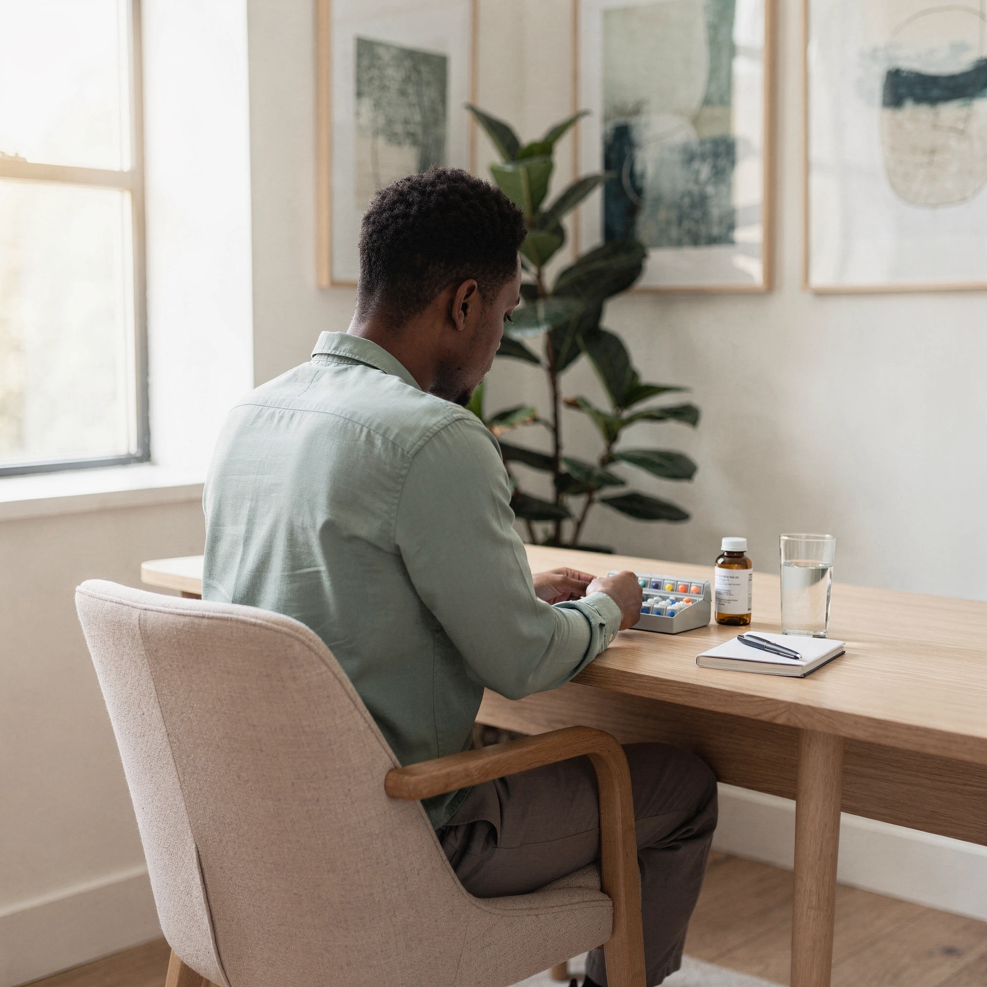 Man at a table reviewing medications – medication management in Conshohocken, PA